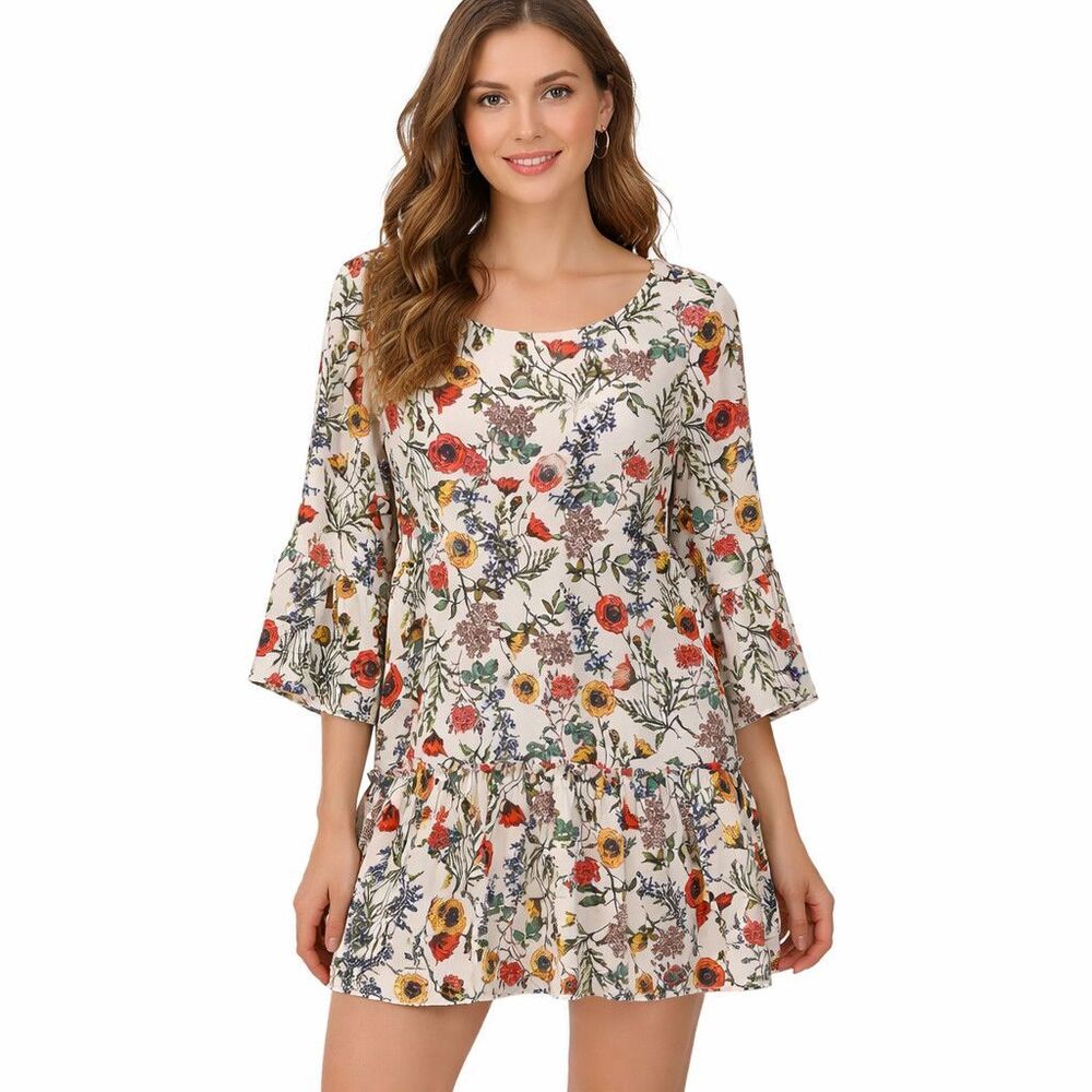 Nicole Miller Studio Dress Womens 12 Multicolor Floral 3/4 Bell Sleeve Ruffle